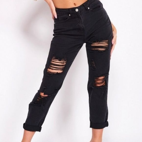 Parisian Charcoal Distressed Multi Rip Turn Up Hem Mom Jeans - Picture 3 of 5